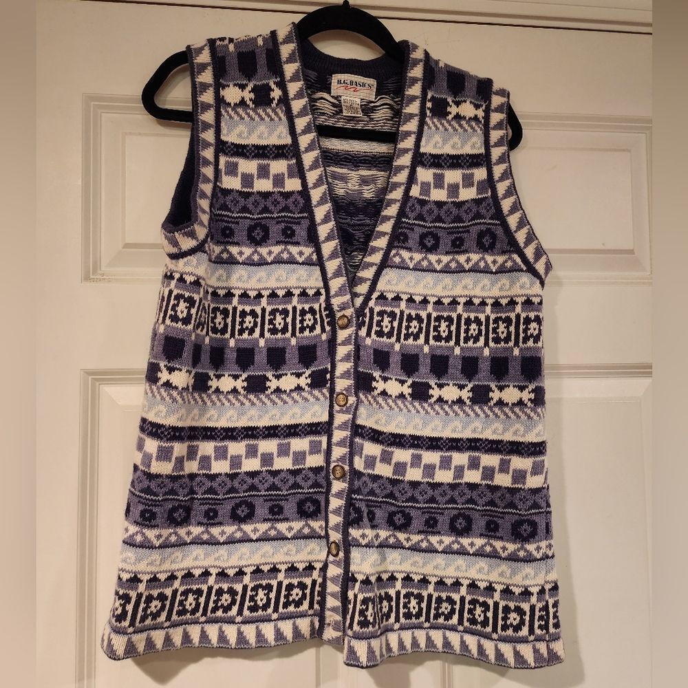B.G. Basics vintage blue and white button up sweater vest M